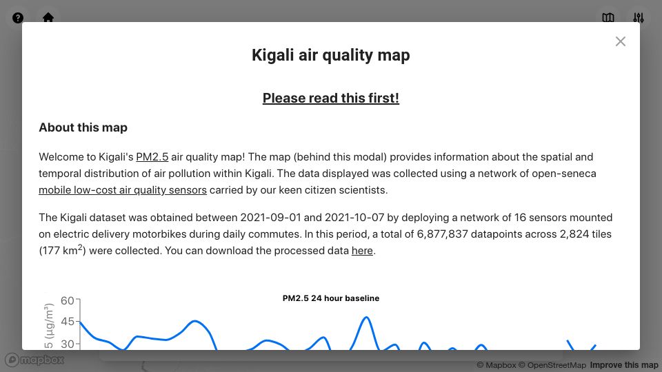 Screenshot of maps.open-seneca.org: Air quality map of Kigali, Rwanda