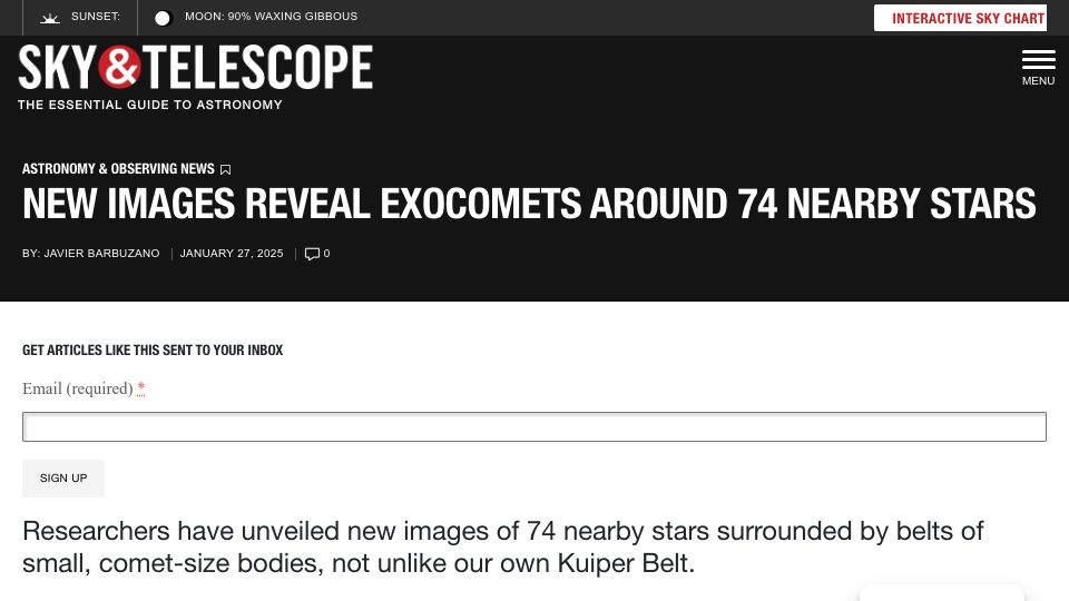 Screenshot of skyandtelescope.org: Images reveal exocomets around nearby stars