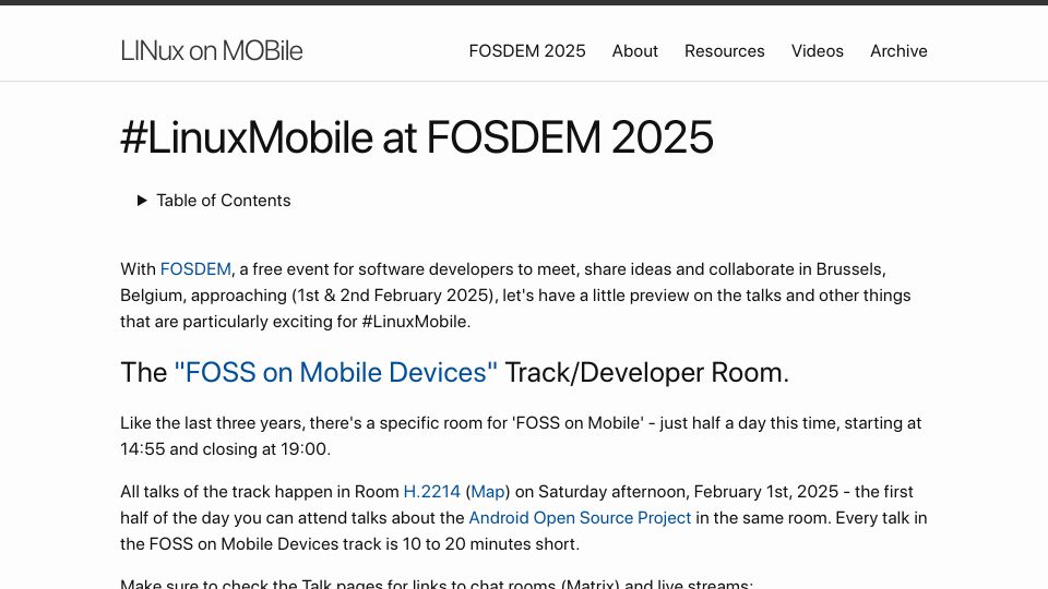 Screenshot of linmob.net: Linux Mobile at FOSDEM 2025
