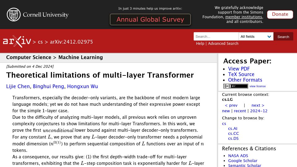 Screenshot of arxiv.org: Theoretical limitations of multi-layer Transformer