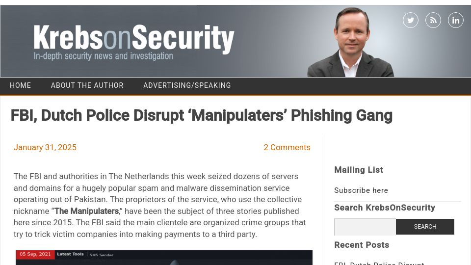 Screenshot of krebsonsecurity.com: FBI, Dutch police disrupt 'Manipulaters' phishing gang