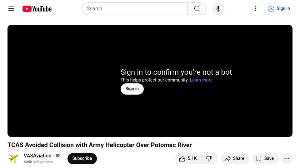 Screenshot of youtube.com: TCAS Avoided Collision with Army Helicopter over Potomac River [video]