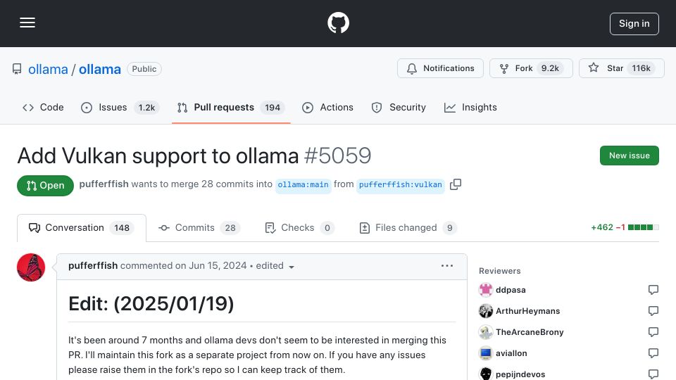 Screenshot of github.com: Llama.cpp supports Vulkan. why doesn't Ollama?
