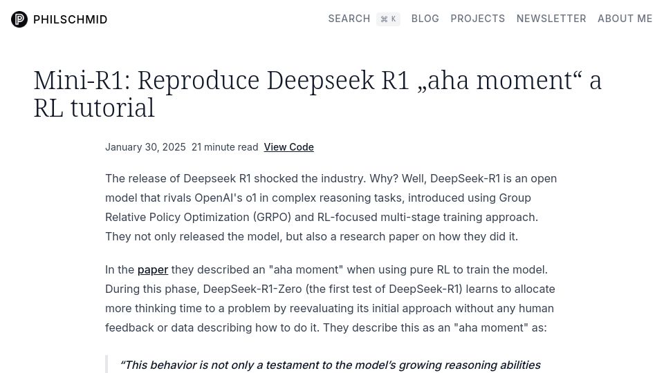 Screenshot of philschmid.de: Mini-R1: Reproduce DeepSeek R1 "Aha Moment"