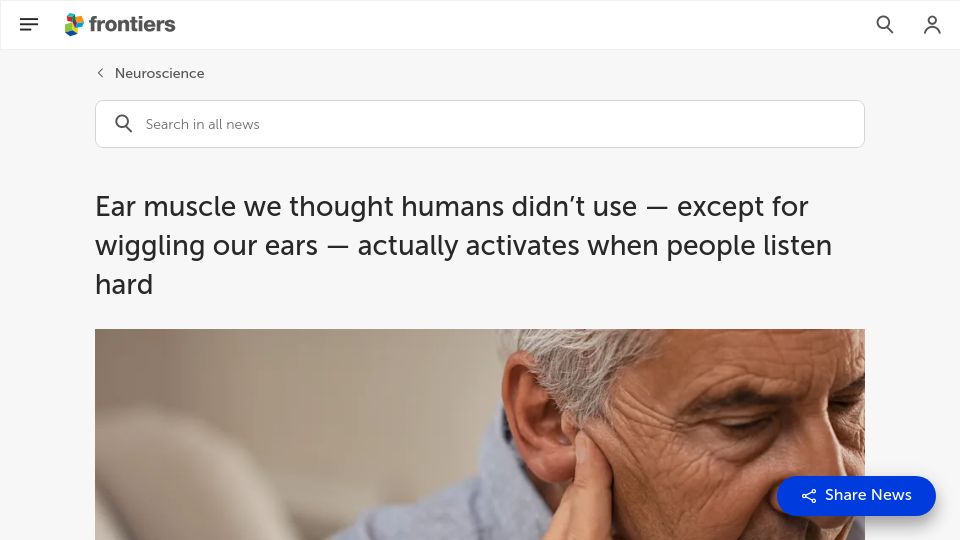 Screenshot of frontiersin.org: Ear muscle we thought humans didn't use activates when people listen hard