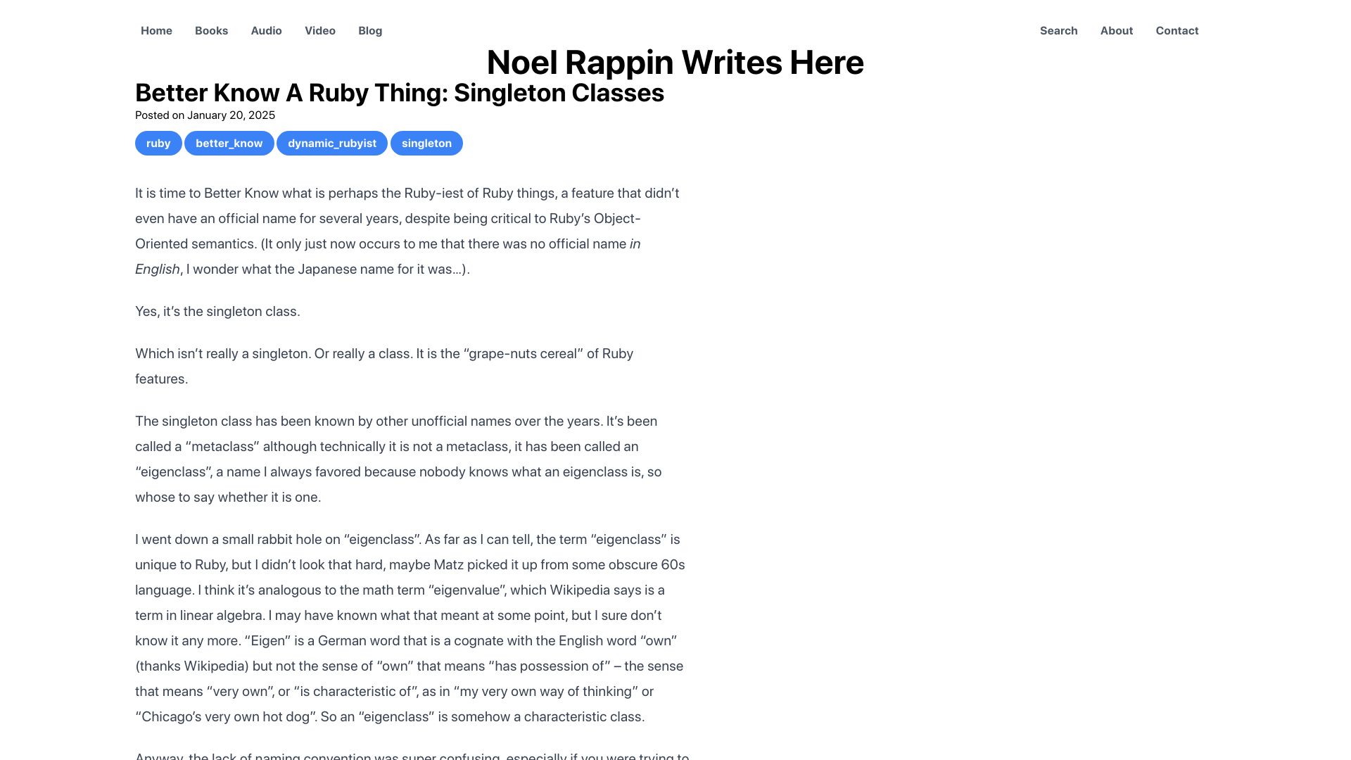 Screenshot of noelrappin.com: Better Know a Ruby Thing: Singleton Classes