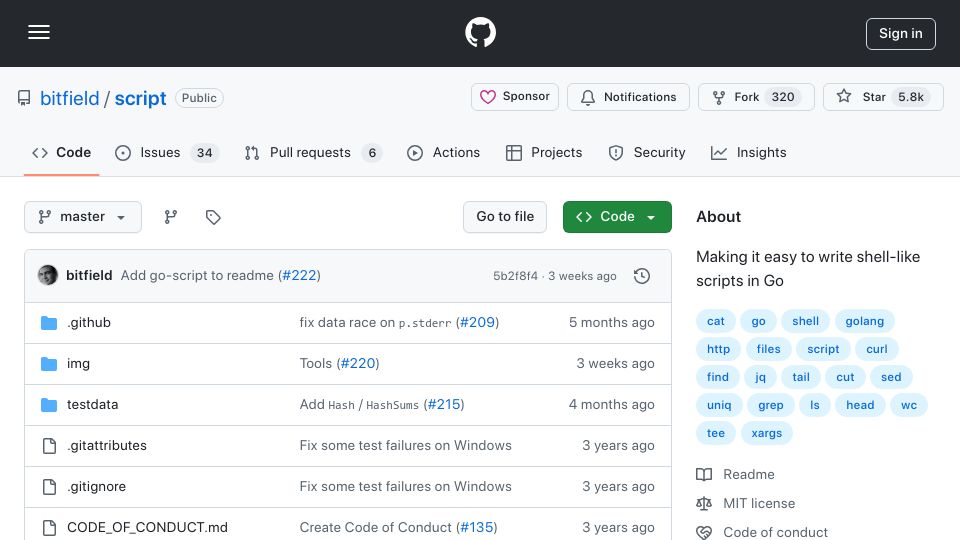 Screenshot of github.com: Shell-ish scripting in Go with ease
