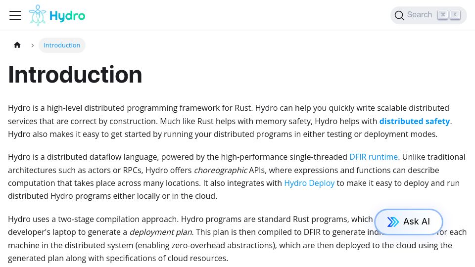 Screenshot of hydro.run: Hydro: Distributed Programming Framework for Rust