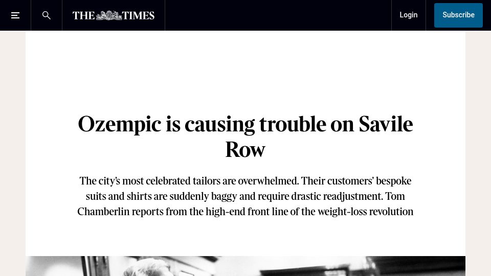 Screenshot of thetimes.com: Ozempic is causing trouble on Savile Row