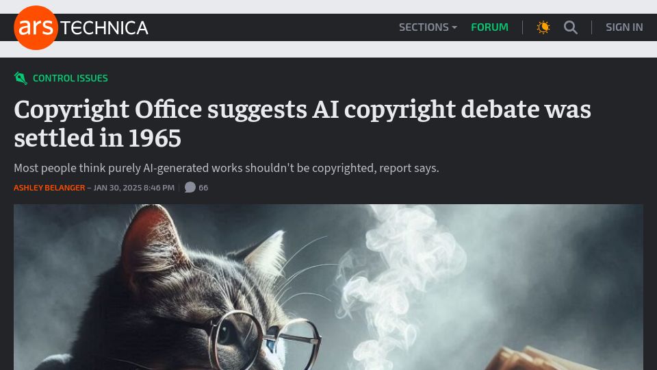 Screenshot of arstechnica.com: Copyright Office suggests AI copyright debate was settled in 1965