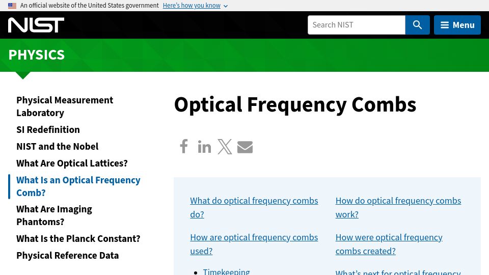 Screenshot of nist.gov: Optical Frequency Combs