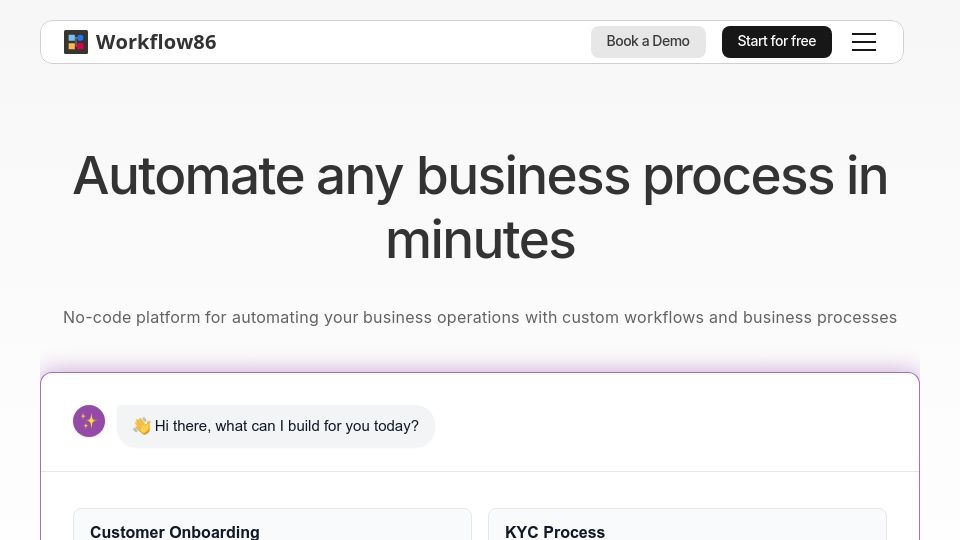 Screenshot of workflow86.com: Show HN: Workflow86 - An AI business analyst and automation engineer