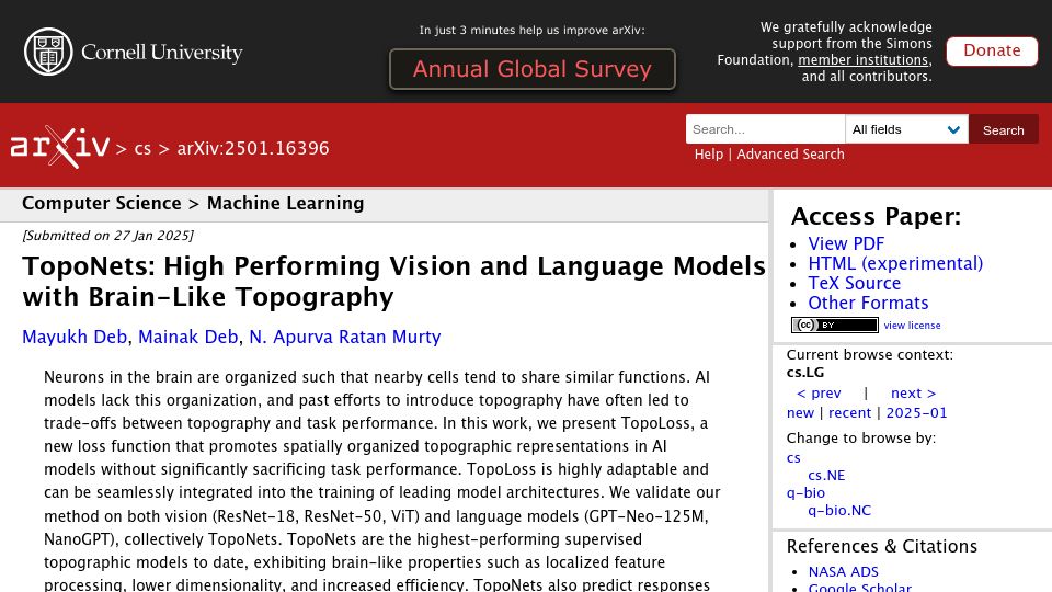 Screenshot of arxiv.org: TopoNets: High performing vision and language models with brain-like topography