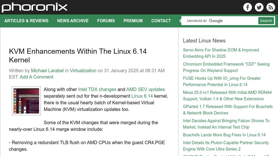Screenshot of phoronix.com: KVM Enhancements Within the Linux 6.14 Kernel