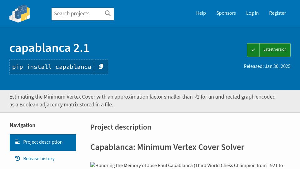 Screenshot of pypi.org: Capablanca: Minimum Vertex Cover Solver