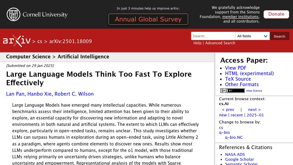 Screenshot of arxiv.org: Large Language Models Think Too Fast to Explore Effectively