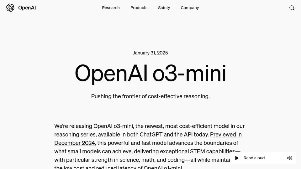 Screenshot of openai.com: OpenAI O3-Mini