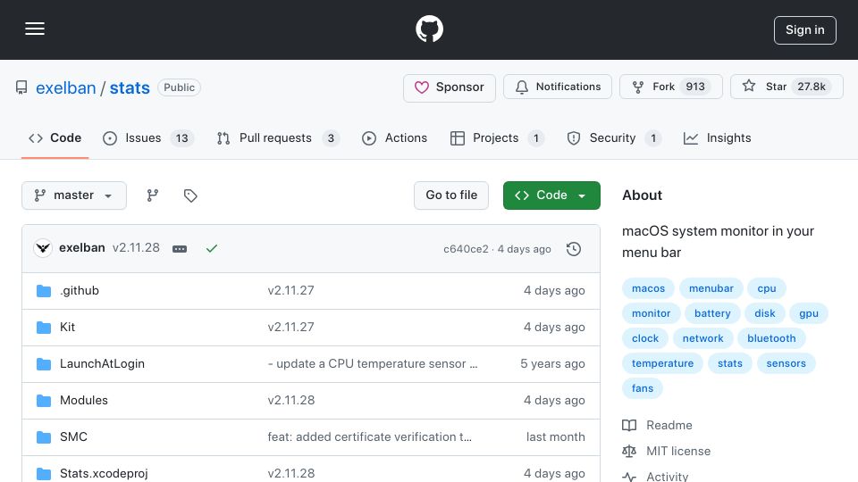 Screenshot of github.com: Stats – macOS system monitor in your menu bar