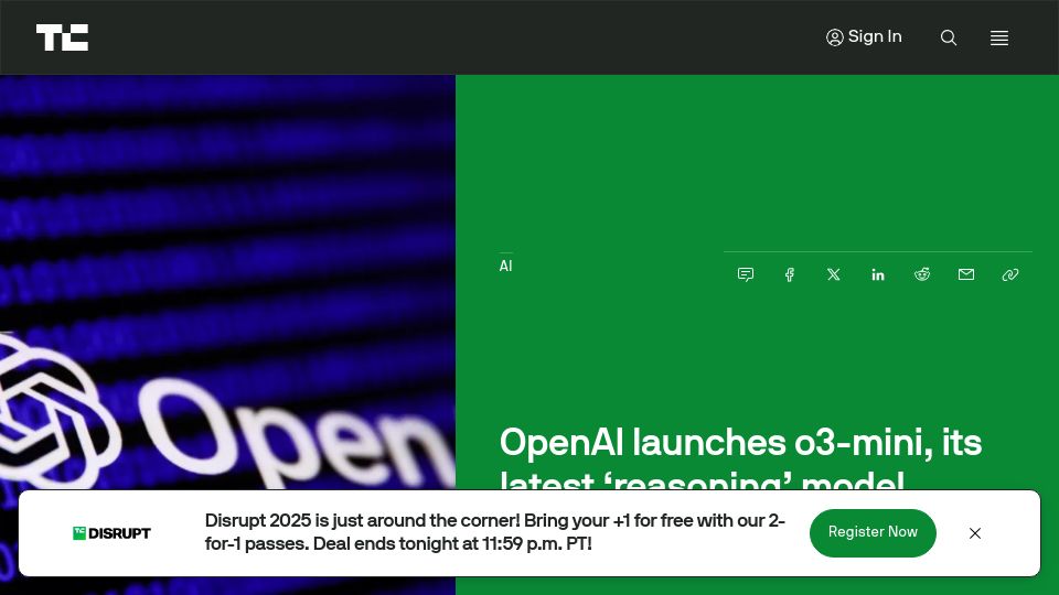 Screenshot of techcrunch.com: OpenAI launches o3-mini, its latest 'reasoning' model