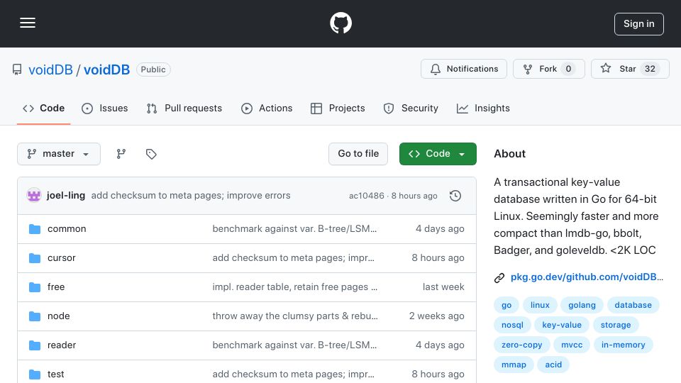 Screenshot of github.com: Show HN: voidDB – A transactional key-value DB written in Go for 64-bit Linux