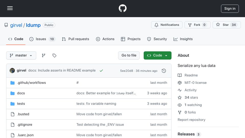 Screenshot of github.com: Show HN: Ldump – serialize any Lua data