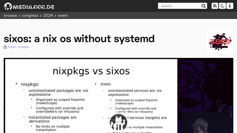 Screenshot of media.ccc.de: Sixos: A nix OS without systemd [video]