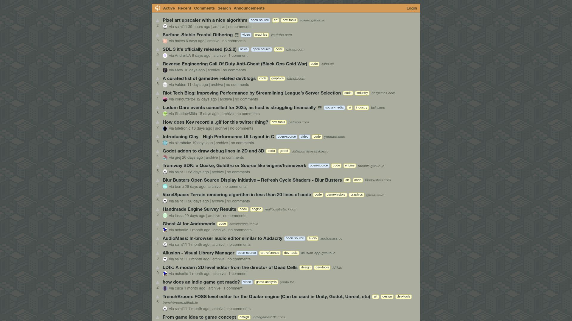 Screenshot of gamedev.city: Hacker News for Gamedev