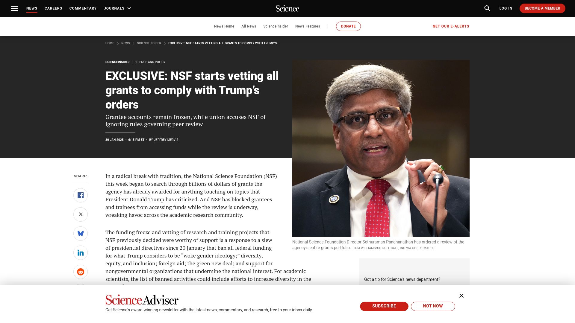 Screenshot of science.org: NSF starts vetting all grants to comply with executive orders