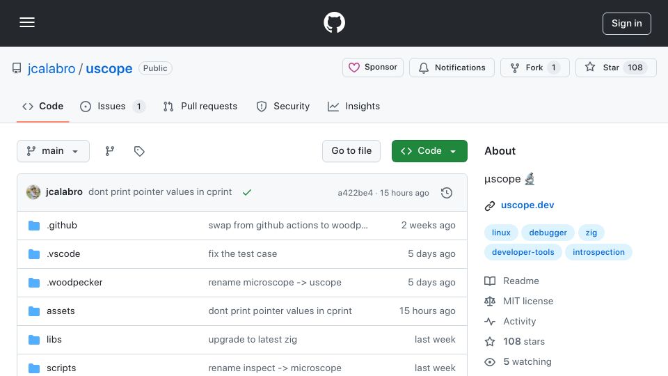 Screenshot of github.com: Show HN: Uscope, a new Linux debugger written from scratch