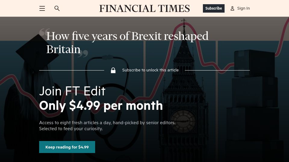 Screenshot of ft.com: Five years of Brexit reshaped Britain