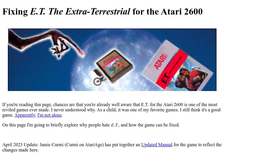 Screenshot of neocomputer.org: Fixing E.T. The Extra-Terrestrial for the Atari 2600 (2013)