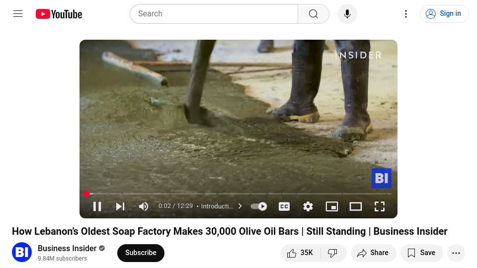 Screenshot of youtube.com: Lebanon's Oldest Soap Factory Makes 30k Olive Oil Bar [video]