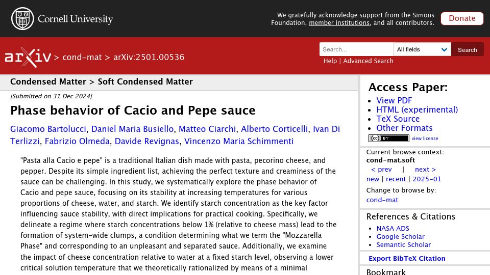 Screenshot of arxiv.org: Phase behavior of Cacio and Pepe sauce