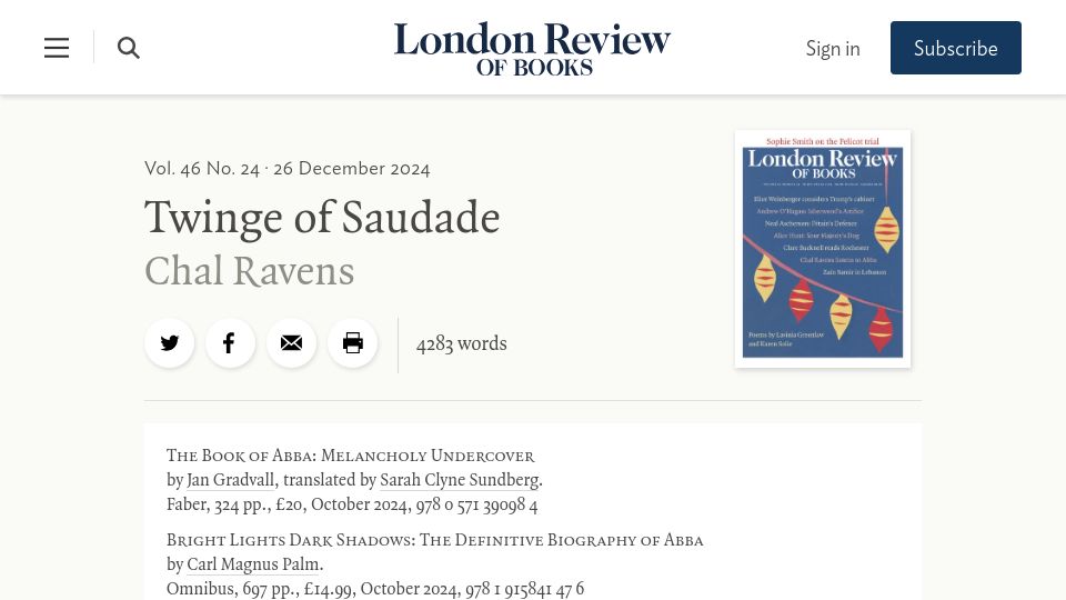 Screenshot of lrb.co.uk: Twinge of Saudade: Biographies of Abba
