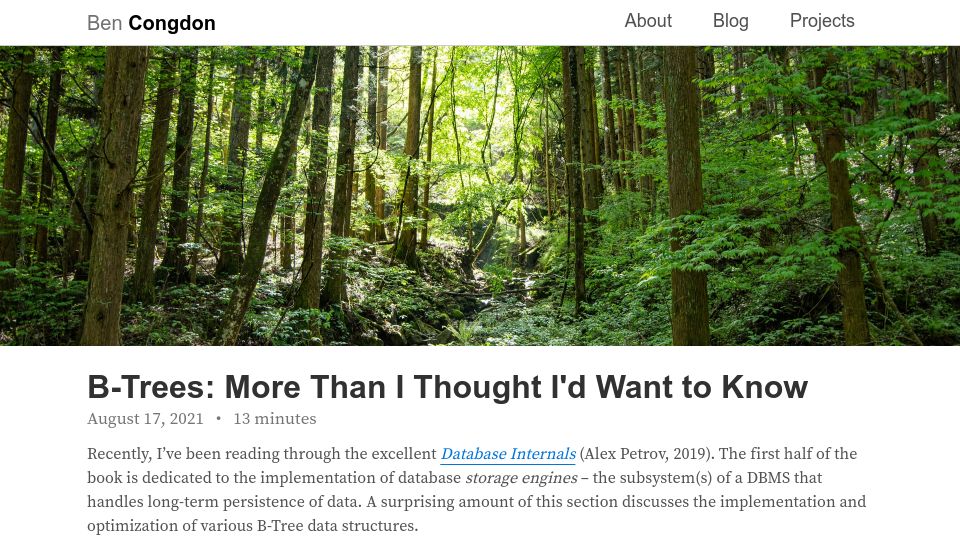 Screenshot of benjamincongdon.me: B-Trees: More Than I Thought I'd Want to Know