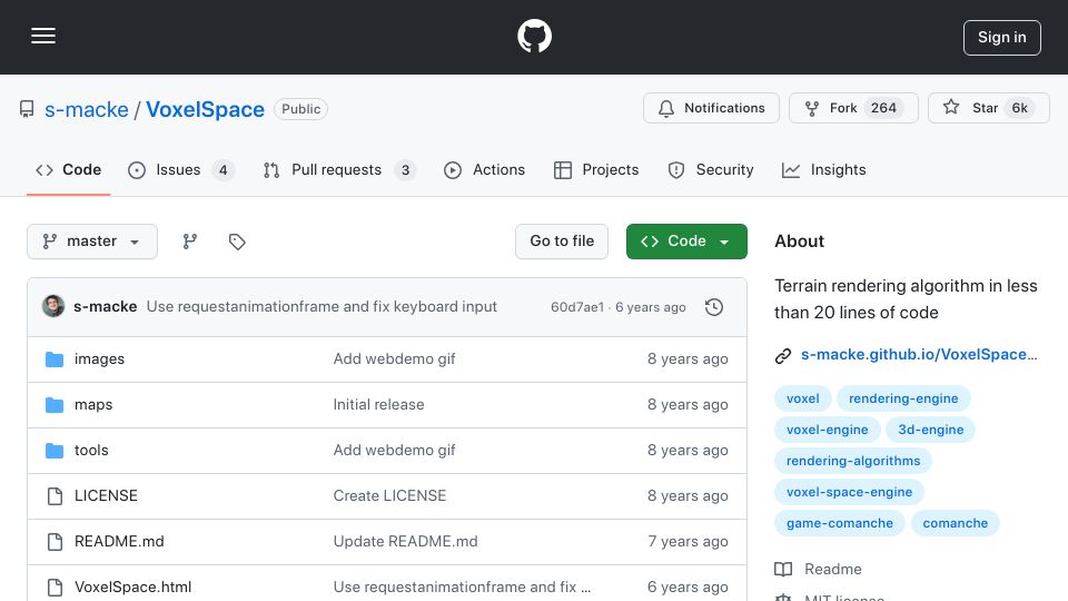 Screenshot of github.com: VoxelSpace: Terrain rendering algorithm in less than 20 lines of code (2020)