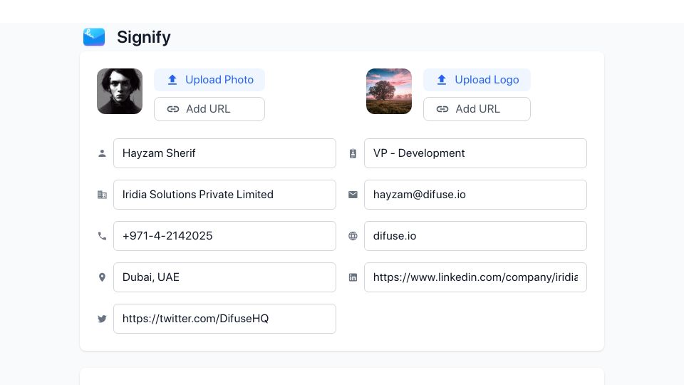 Screenshot of signify.difuse.io: Show HN: Signify – FOSS tool to generate Email signatures (HTML and PNG)