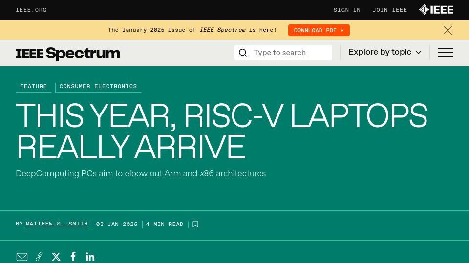 Screenshot of spectrum.ieee.org: This Year, RISC-V Laptops Arrive