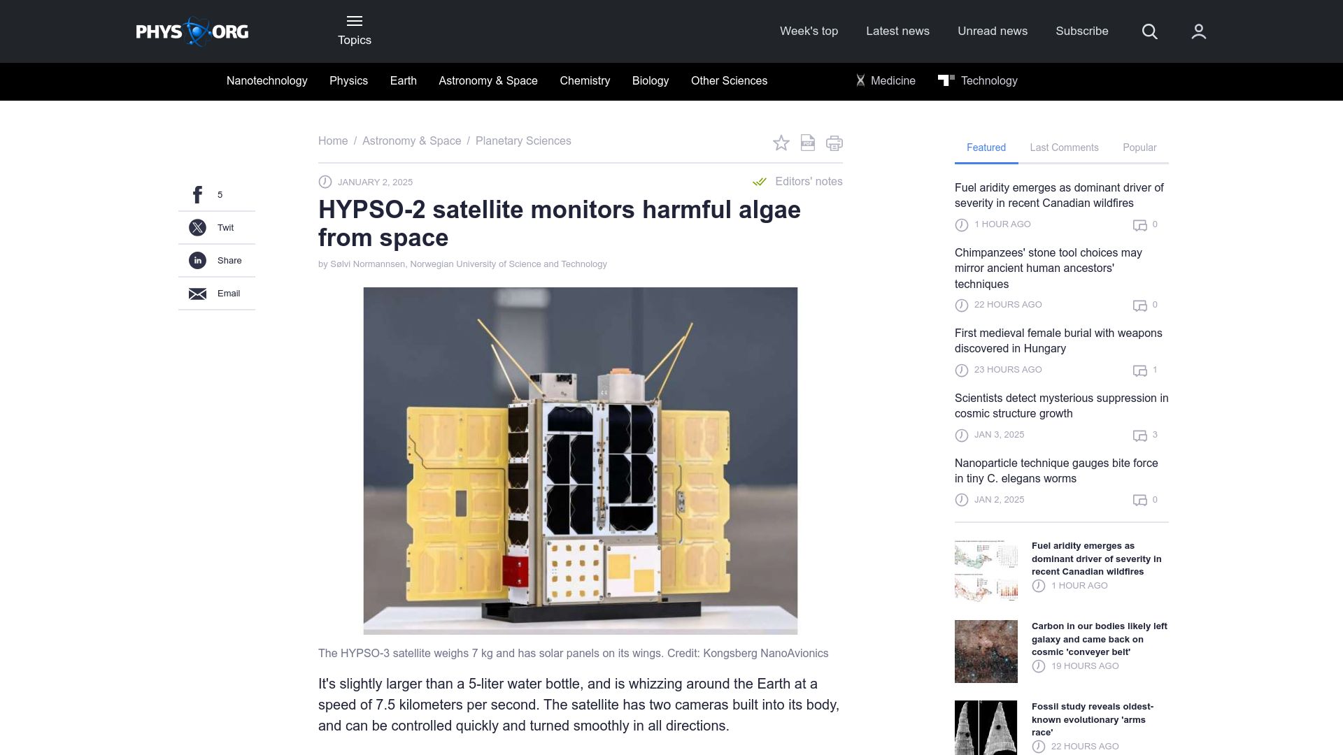 Screenshot of phys.org: Hypso-2 satellite monitors harmful algae from space