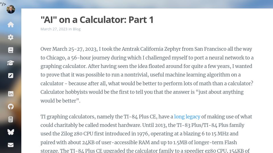 Screenshot of z80.me: "AI" on a Calculator (2023)