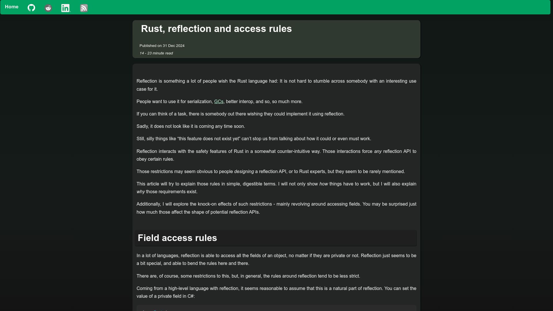 Screenshot of fractalfir.github.io: Rust, Reflection and Access Rules