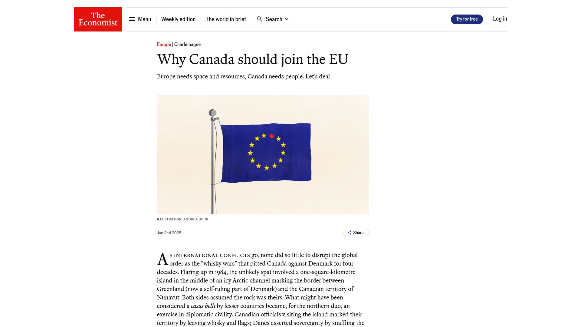 Screenshot of economist.com: Why Canada Should Join the EU