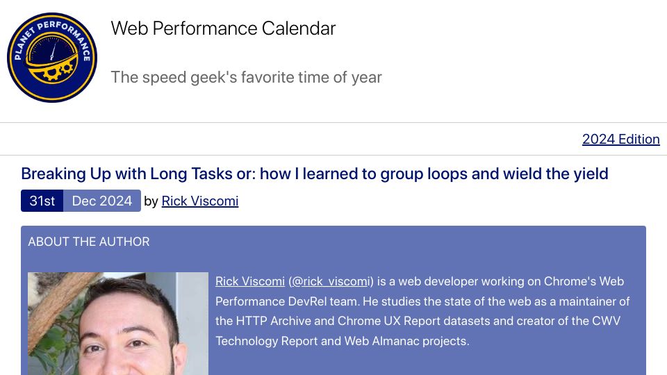 Screenshot of calendar.perfplanet.com: Breaking Up with Long Tasks or: how I learned to group loops and wield the yield