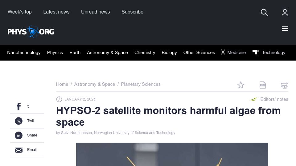 Screenshot of phys.org: Hypso-2 satellite monitors harmful algae from space