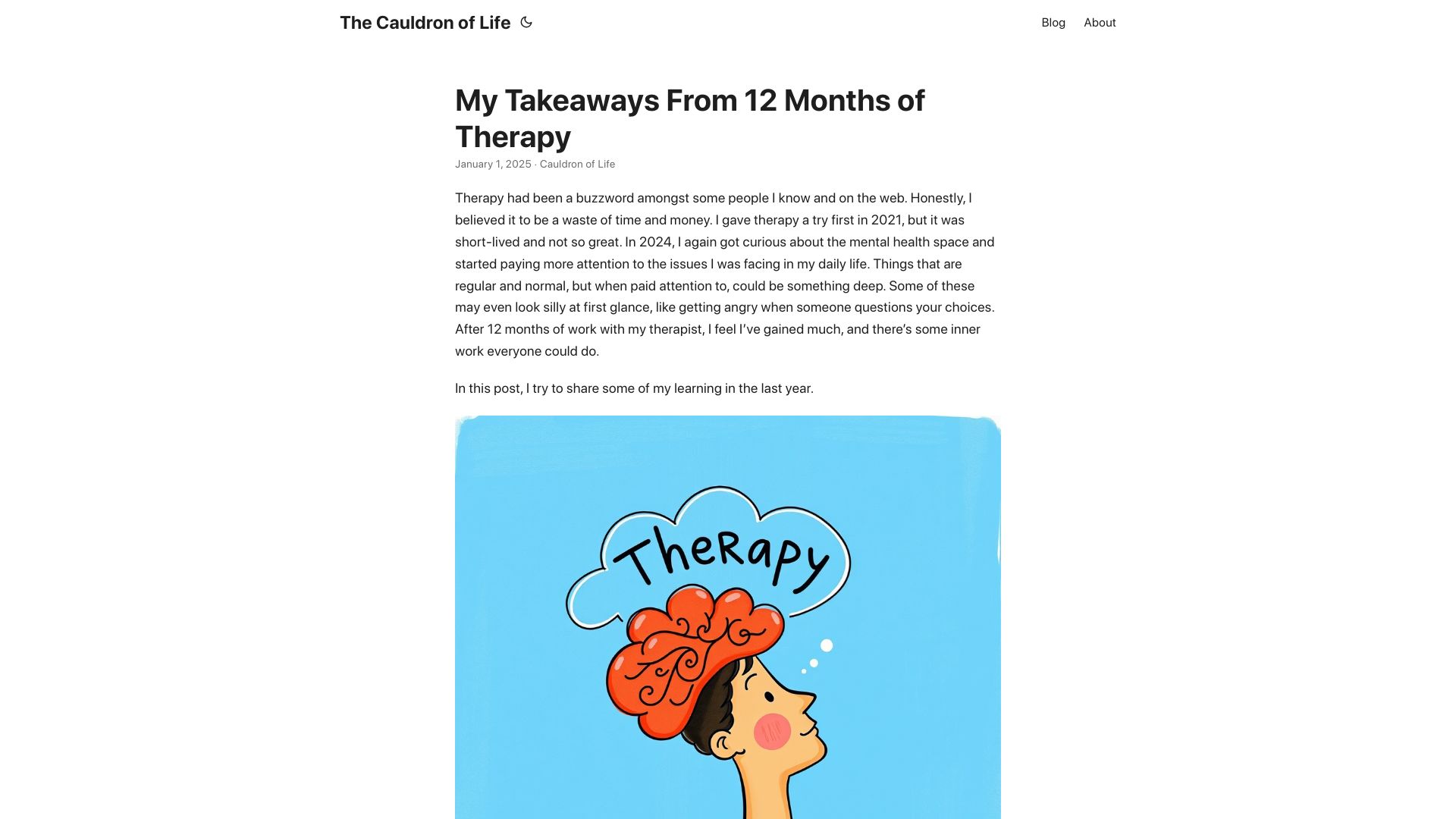 Screenshot of cauldron.life: My takeaways from 12 months of therapy
