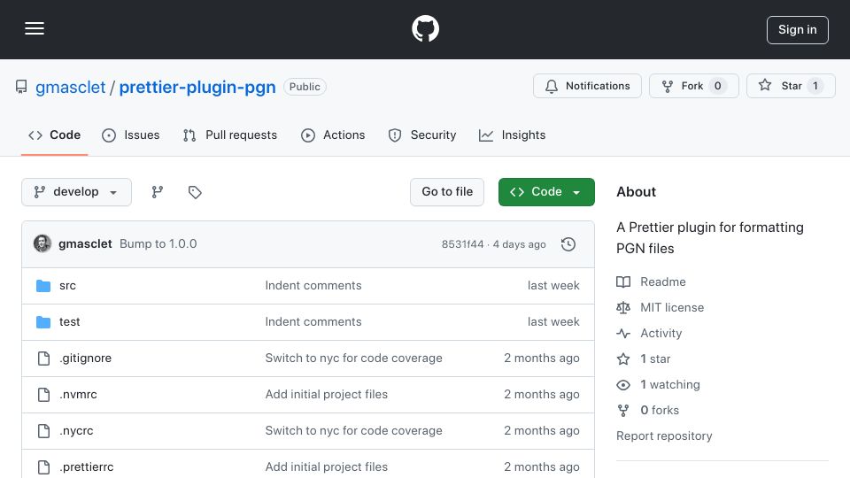 Screenshot of github.com: Show HN: Pretty-print your chess games using Prettier
