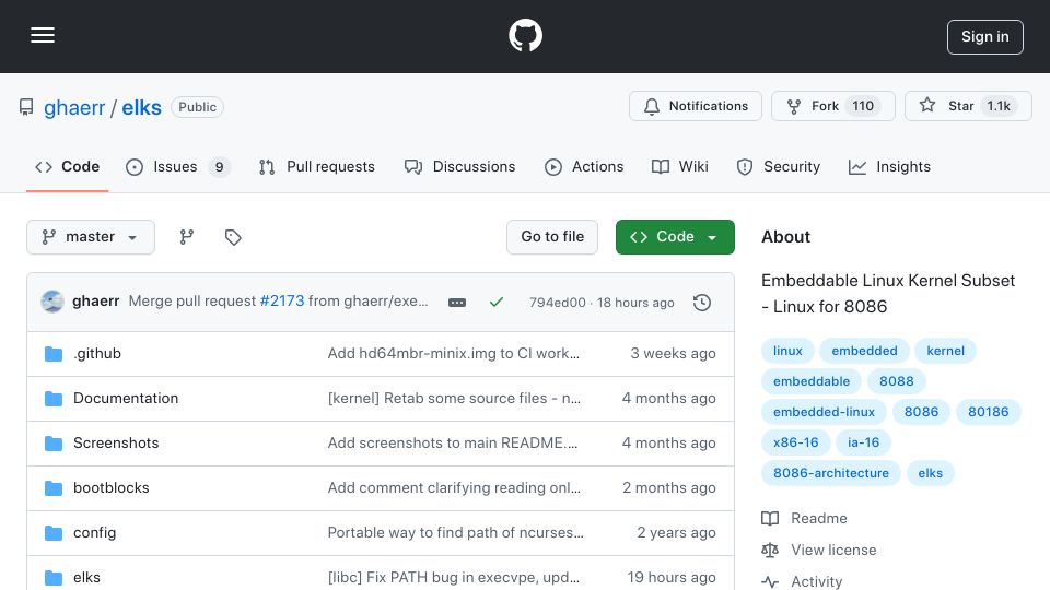 Screenshot of github.com: ELKS: Linux for 16-bit Intel Processors
