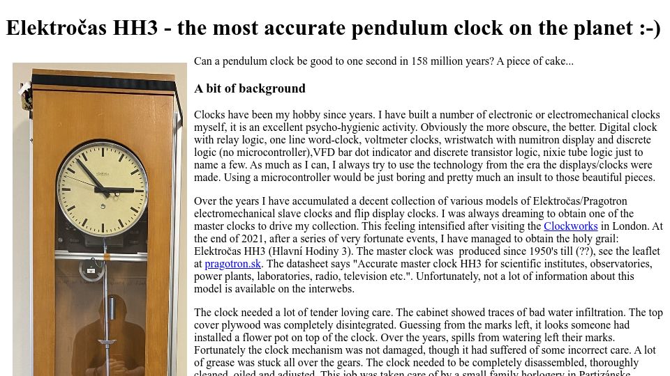 Screenshot of dvaluch.web.cern.ch: Elektročas HH3 – the most accurate pendulum clock on the planet