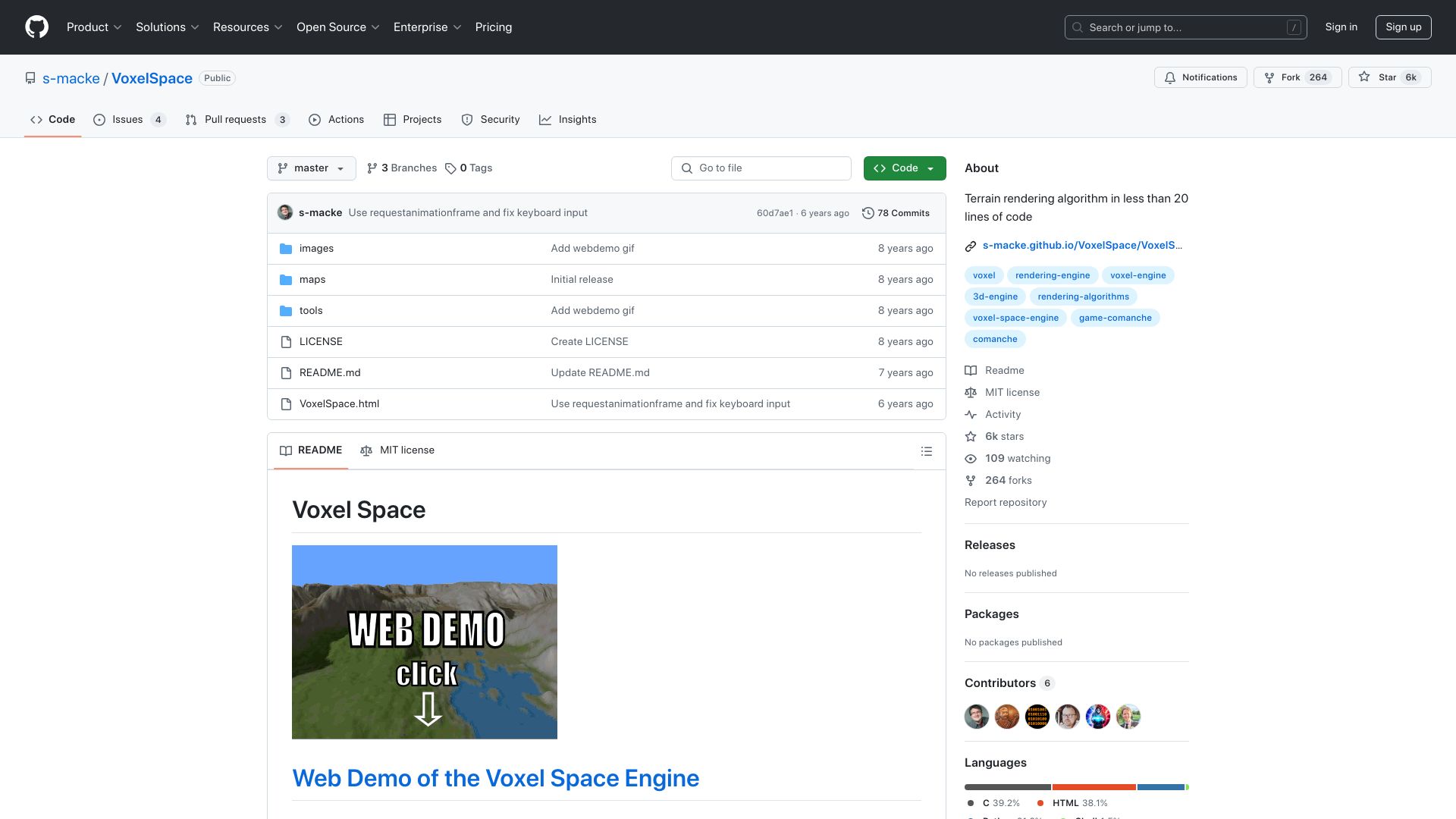 Screenshot of github.com: VoxelSpace: Terrain rendering algorithm in less than 20 lines of code (2020)