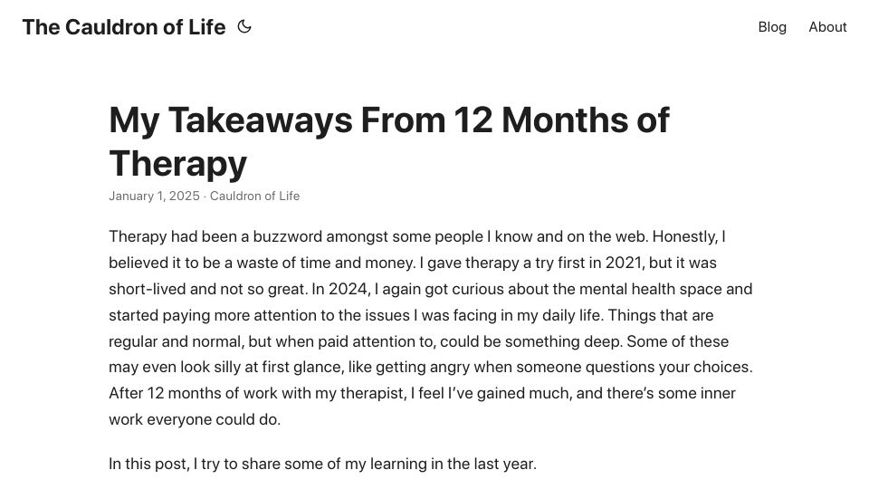 Screenshot of cauldron.life: My takeaways from 12 months of therapy